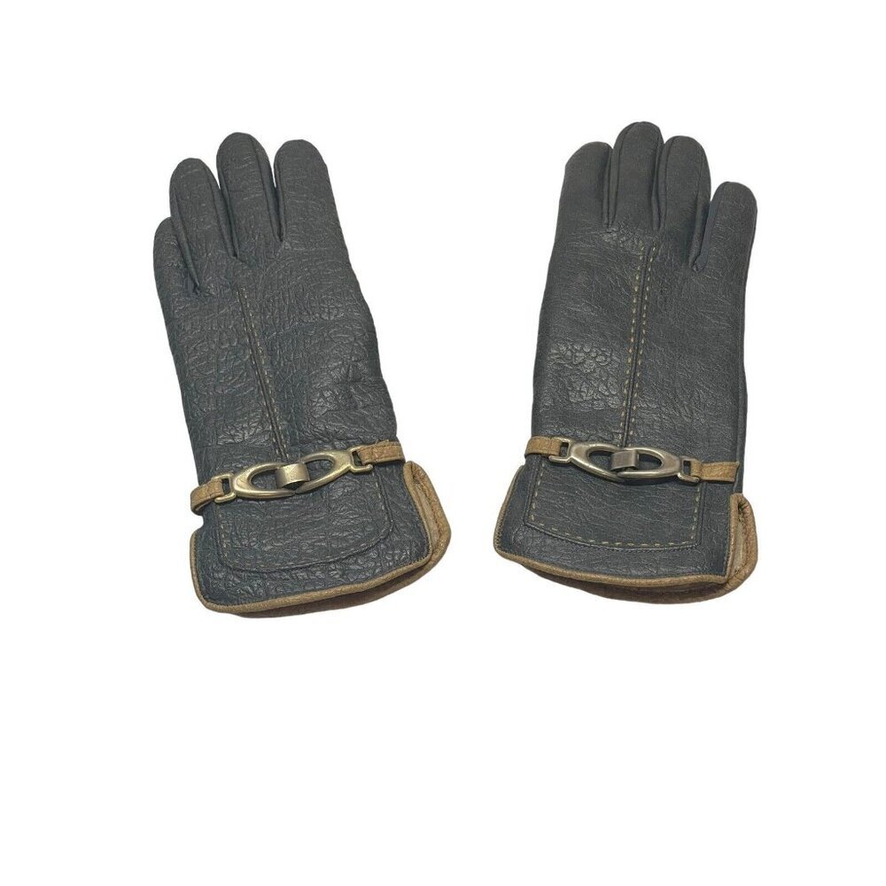 Vintage Aris Gloves Sherpa Lining With Metal Hardware Gray With Brown Stitching